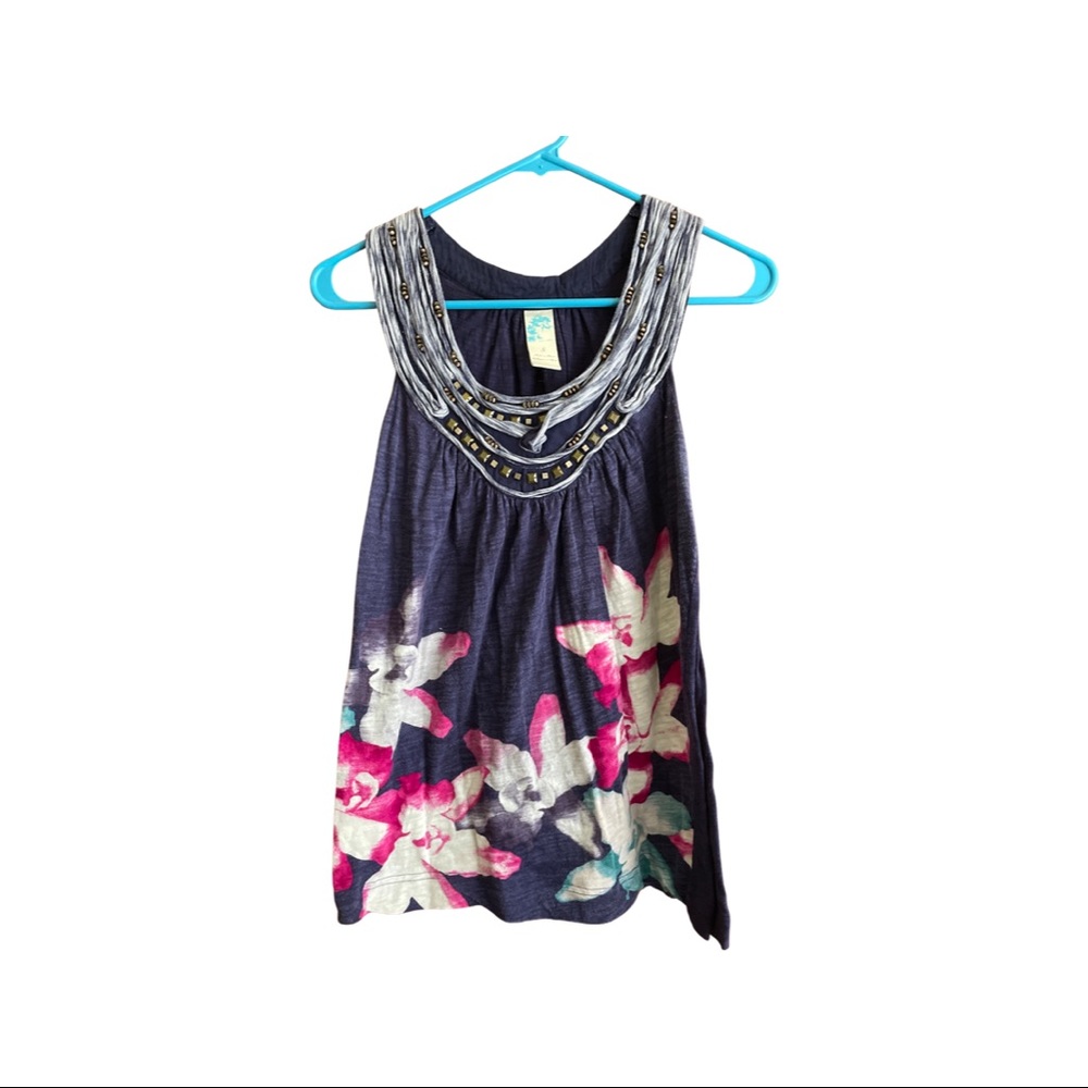 Anthropologie Flower detailed Beading Tank Top, Color Navy - Size S -